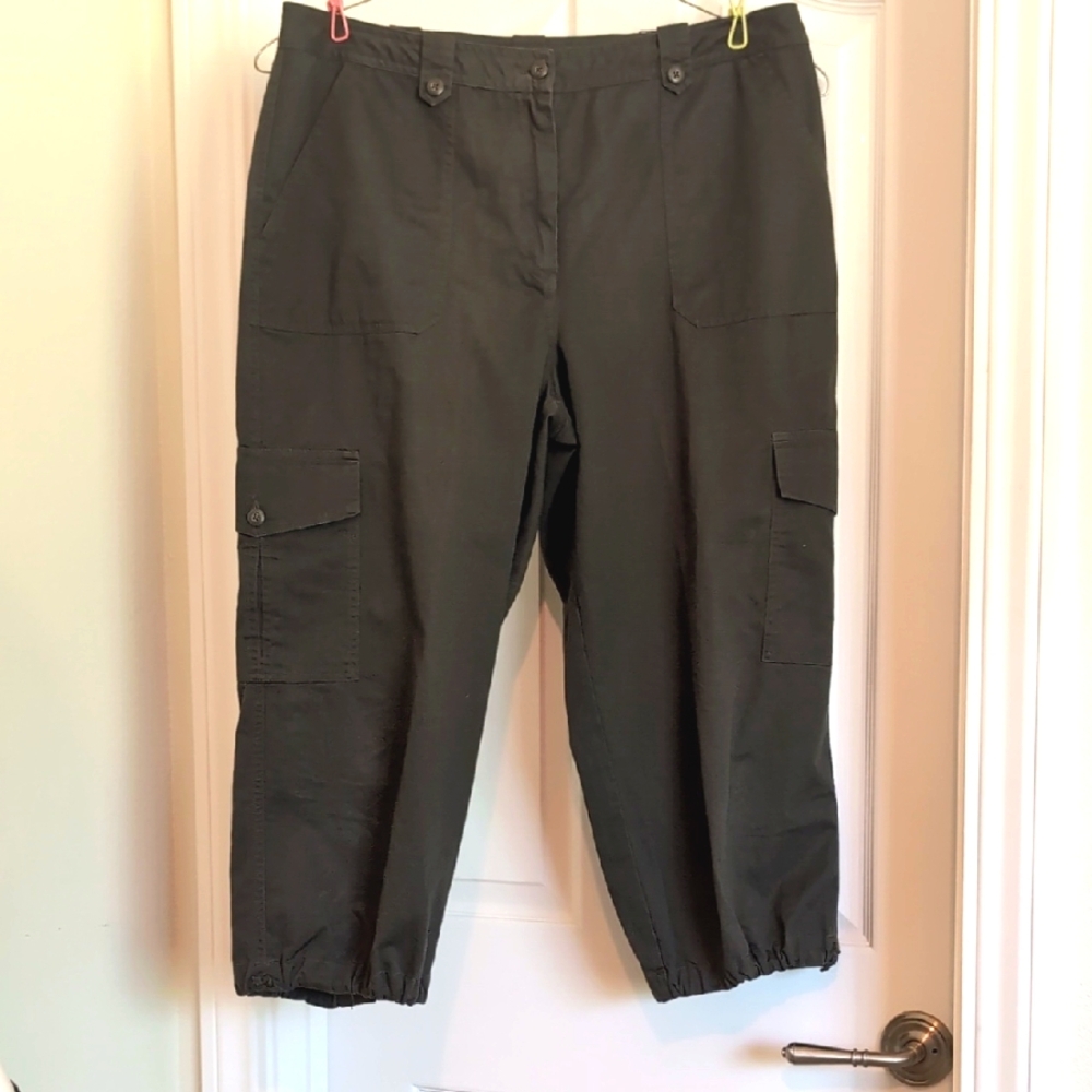 BW Sport® Dark Khaki Green Cargo Calf Length Pants Sz16 100% Cotton EUC